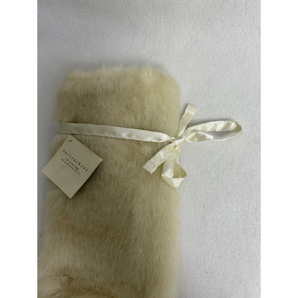 Luxury Glam Pottery Barn Ivory Faux Fur Wine Bottle Gift Bag Ribbon